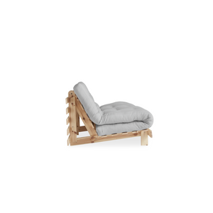 Banquette futon convertible avec matelas 140 cm roots gris clair bois fond blanc côté droit