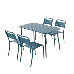 Salon de jardin repas 4 à 6 personnes en acier bergame bleu fond blanc 4 chaises