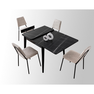 table à manger extensible marbre noir kavala fond blanc dessus vase table format extensible partie extensible visible concept usine